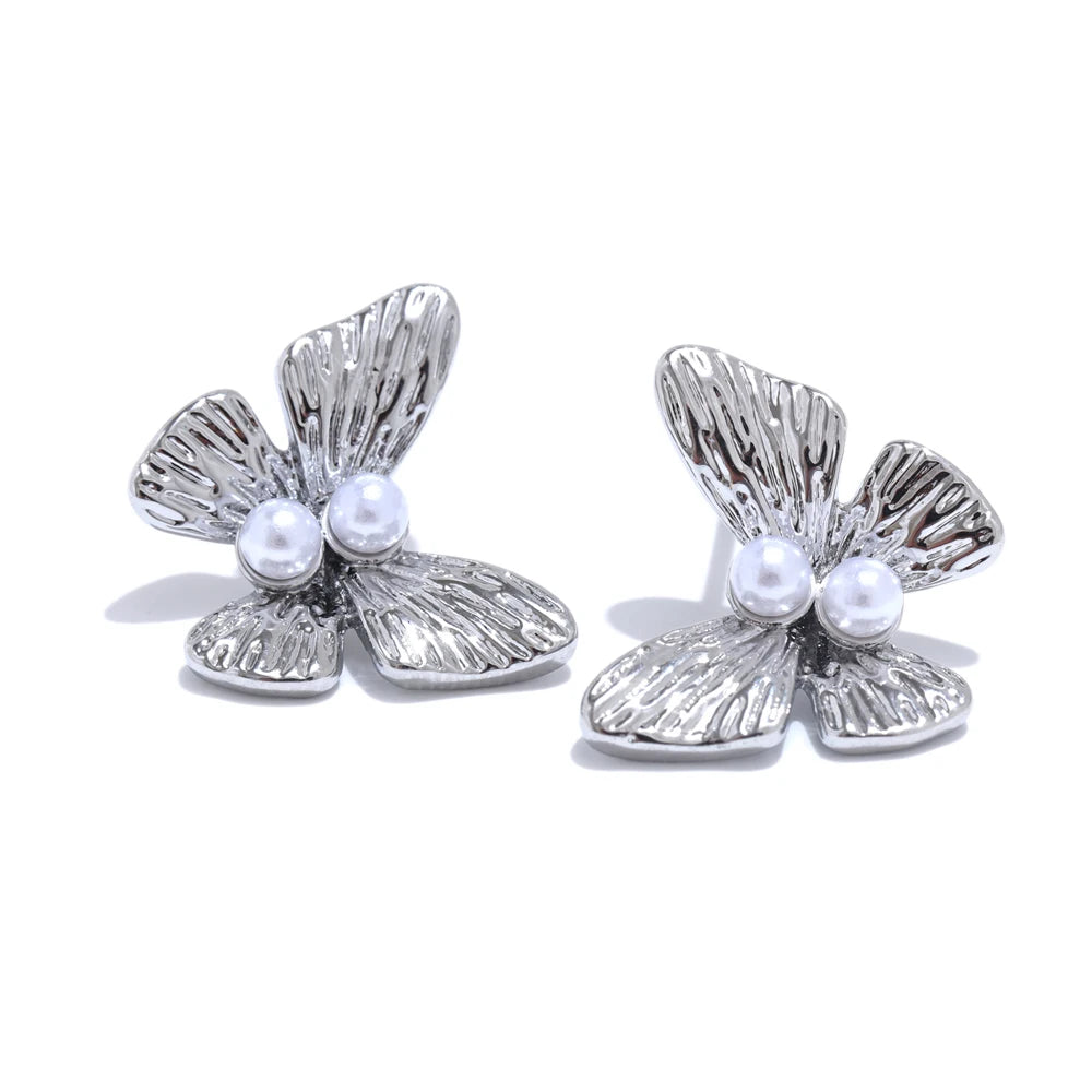 Simulated pearl butterfly push-back stud earrings - product image