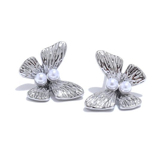 Simulated pearl butterfly push-back stud earrings - product image