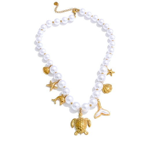 Simulated pearl chain turtle shell pendant - product image