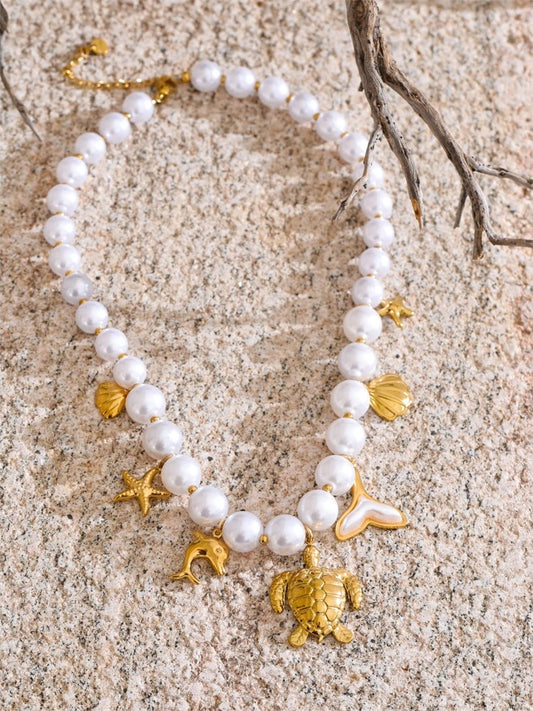 Simulated pearl chain turtle shell pendant - product image
