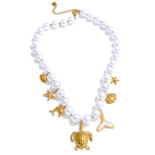 Simulated pearl chain turtle shell pendant - product image