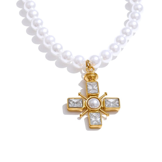 Simulated pearl cross cubic zirconia pendant necklace - product image