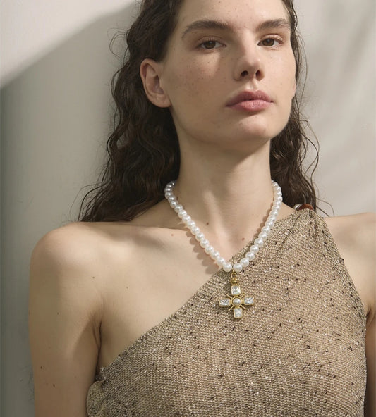 Simulated pearl cross cubic zirconia pendant necklace - product image