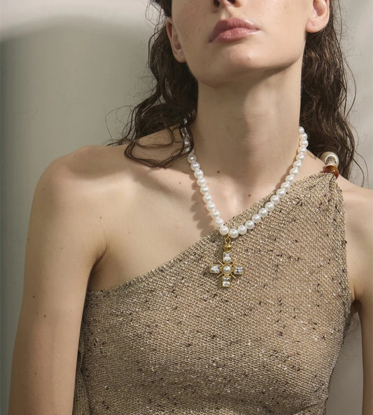 Simulated pearl cross cubic zirconia pendant necklace - product image