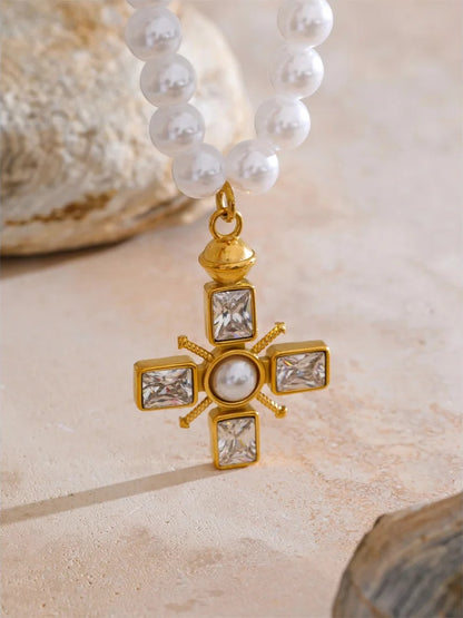 Simulated pearl cross cubic zirconia pendant necklace - product image