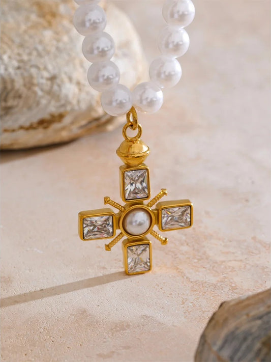 Simulated pearl cross cubic zirconia pendant necklace - product image