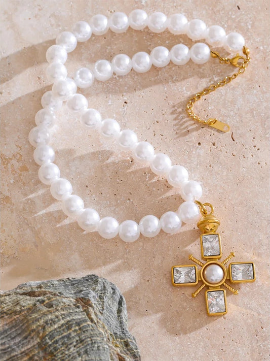 Simulated pearl cross cubic zirconia pendant necklace - product image