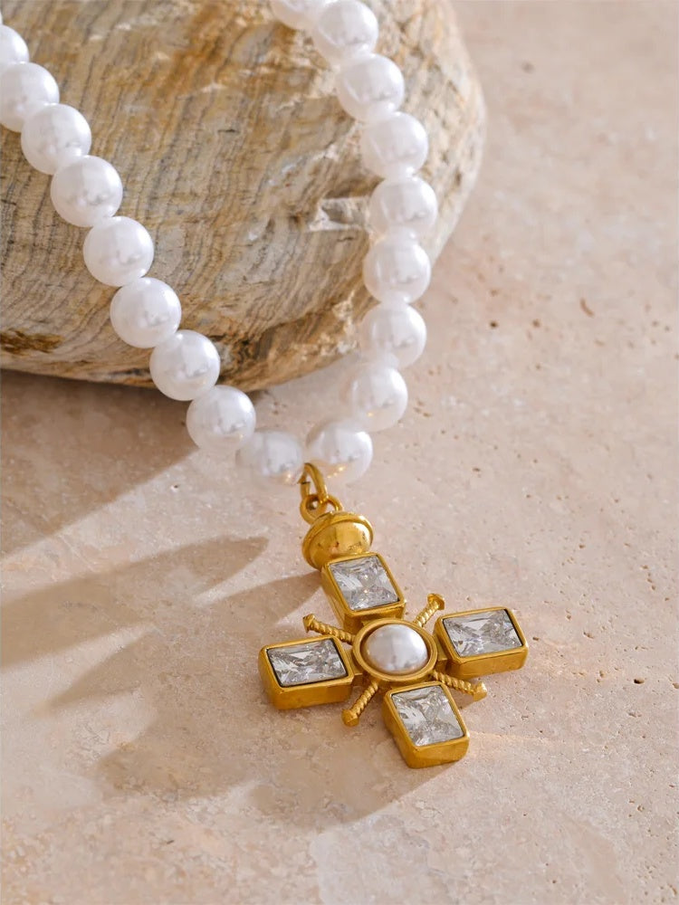 Simulated pearl cross cubic zirconia pendant necklace - product image