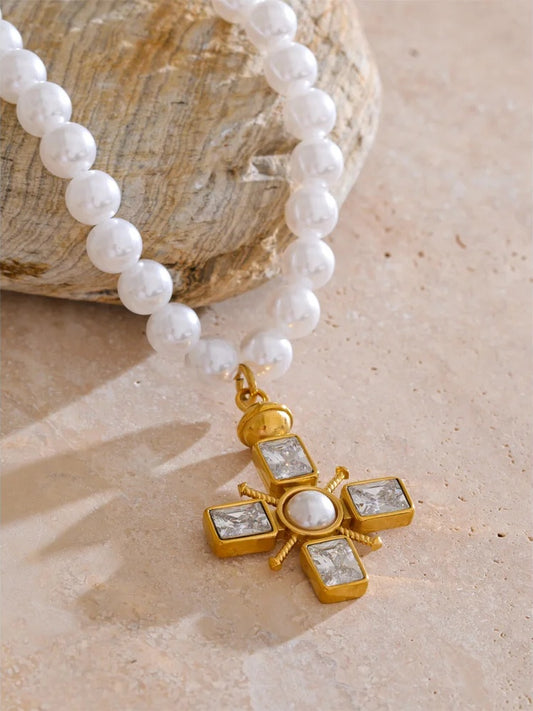 Simulated pearl cross cubic zirconia pendant necklace - product image