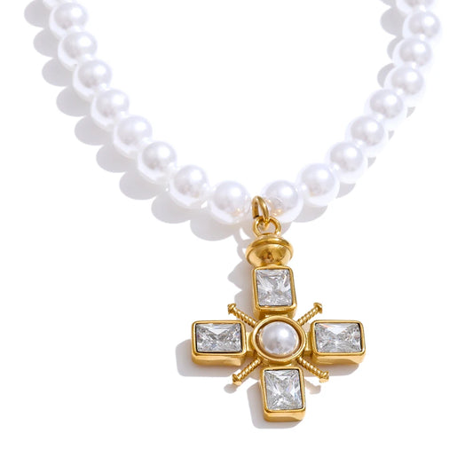 Simulated pearl cross cubic zirconia pendant necklace - product image