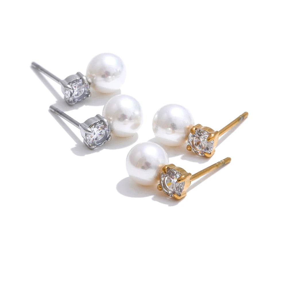 Simulated pearl cubic zirconia round stud earrings - product image