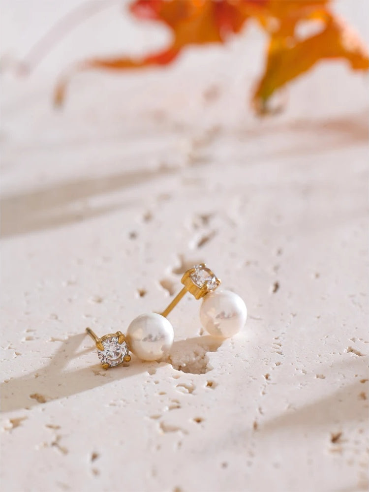 Simulated pearl cubic zirconia round stud earrings - product image