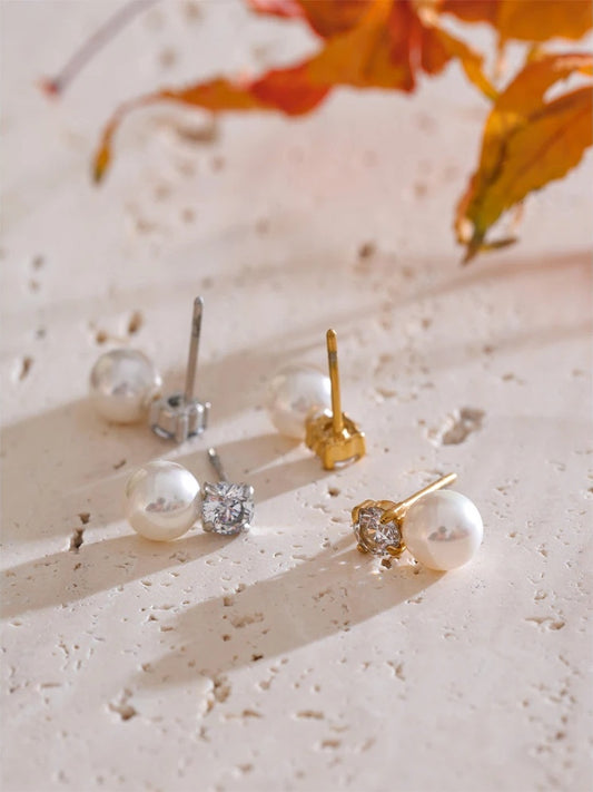 Simulated pearl cubic zirconia round stud earrings - product image