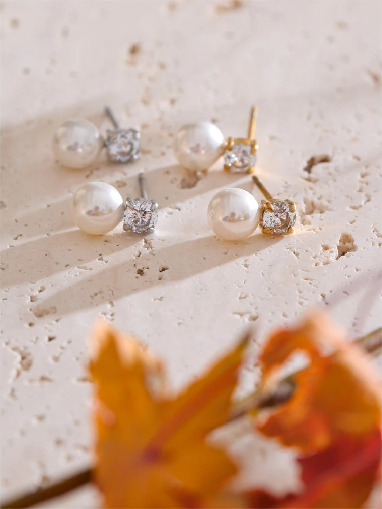 Simulated pearl cubic zirconia round stud earrings - product image