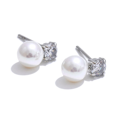 Simulated pearl cubic zirconia round stud earrings - product image