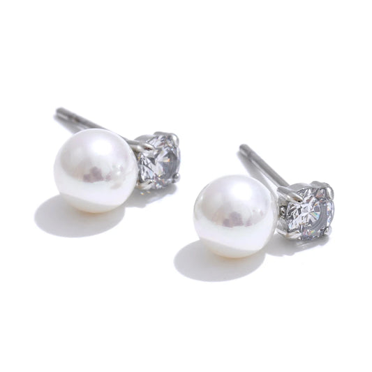 Simulated pearl cubic zirconia round stud earrings - product image