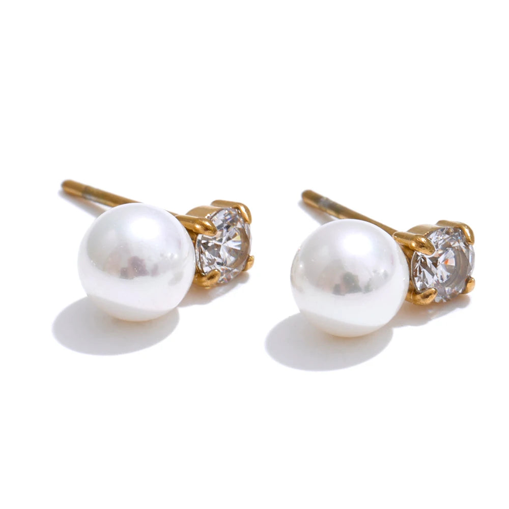 Simulated pearl cubic zirconia round stud earrings - product image
