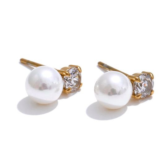 Simulated pearl cubic zirconia round stud earrings - product image