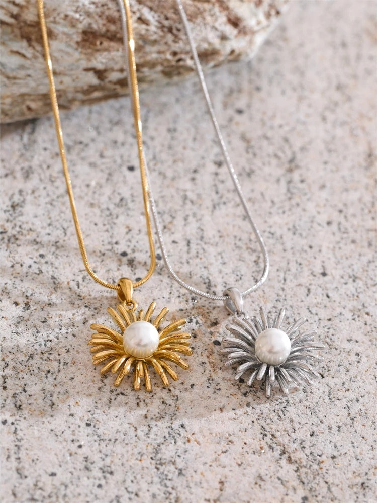 Simulated pearl flower pendant necklace - product image
