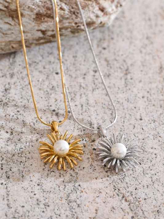 Simulated pearl flower pendant necklace - product image