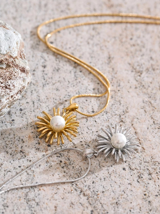 Simulated pearl flower pendant necklace - product image