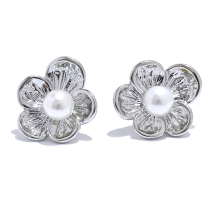 Simulated pearl flower stud earrings - product image