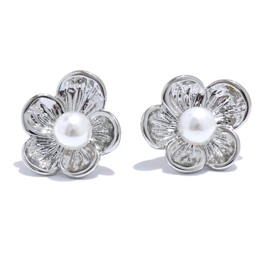Simulated pearl flower stud earrings - product image