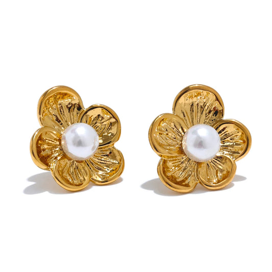 Simulated pearl flower stud earrings - product image