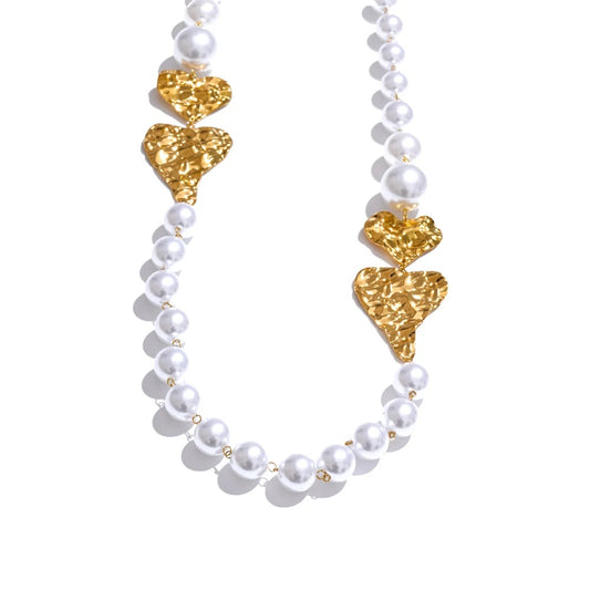 Simulated pearl heart chain sweater necklace - product image