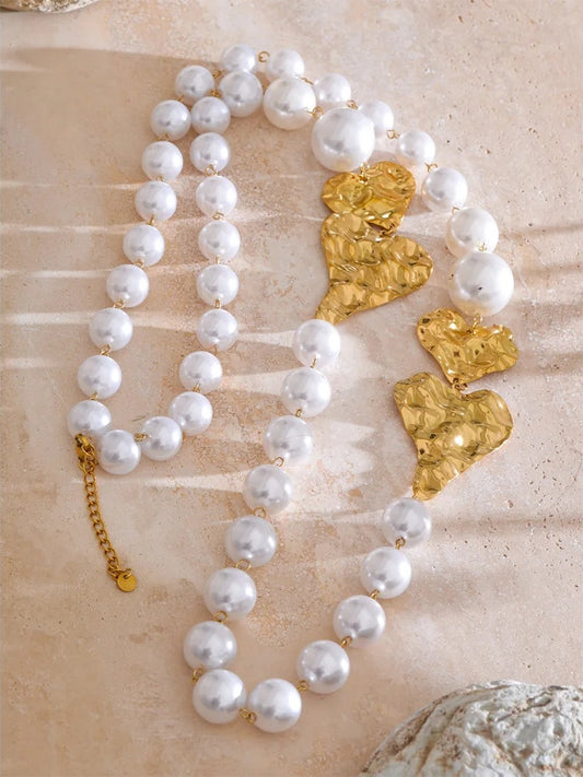 Simulated pearl heart chain sweater necklace - product image