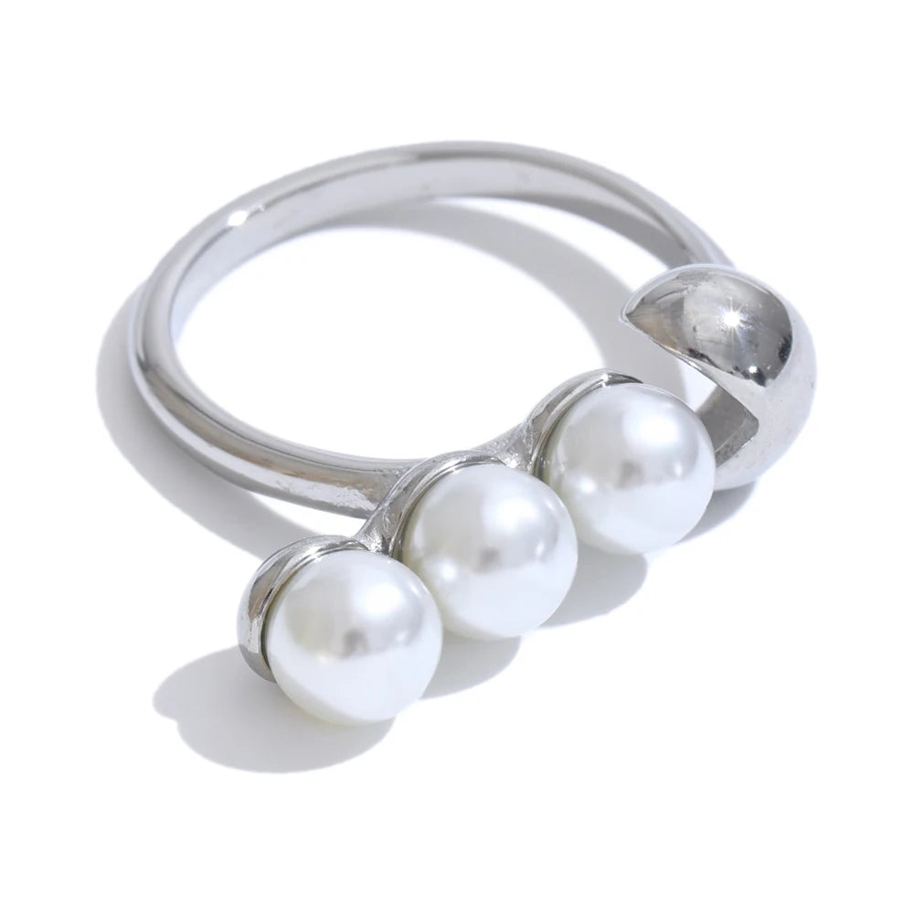 Simulated pearl minimalist fashion stainless steel ring - product image