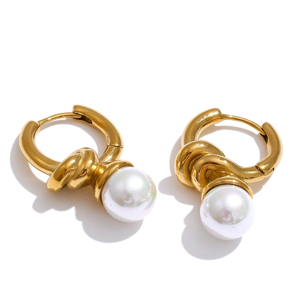 Simulated pearl modern hoop earrings - product image