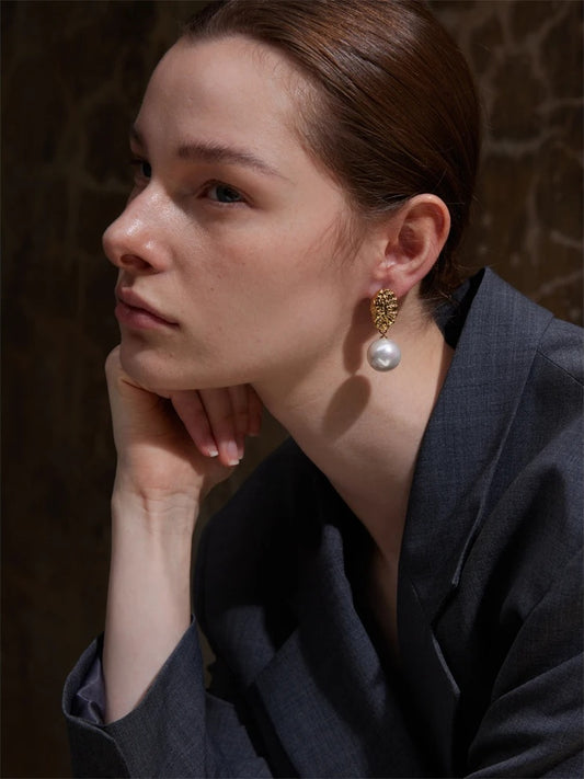 Simulated pearl round abstract drop earrings - product image