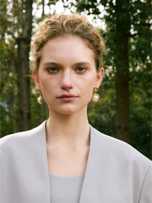 Simulated pearl round drop dangle earrings - product image
