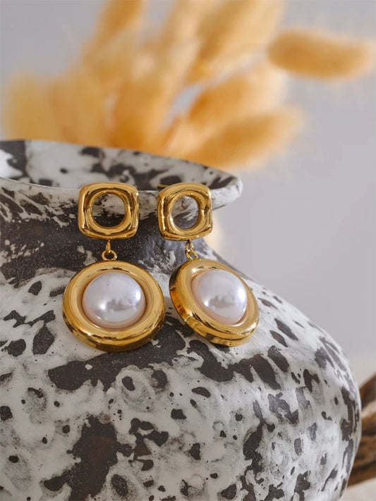 Simulated pearl round drop dangle earrings - product image