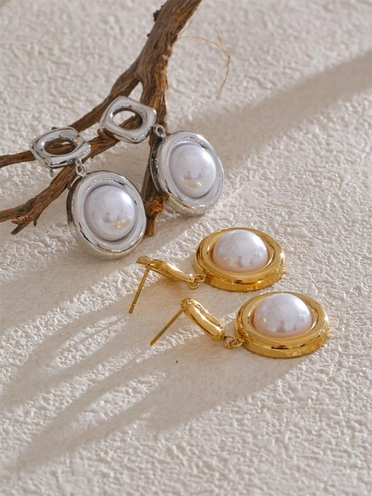 Simulated pearl round drop dangle earrings - product image