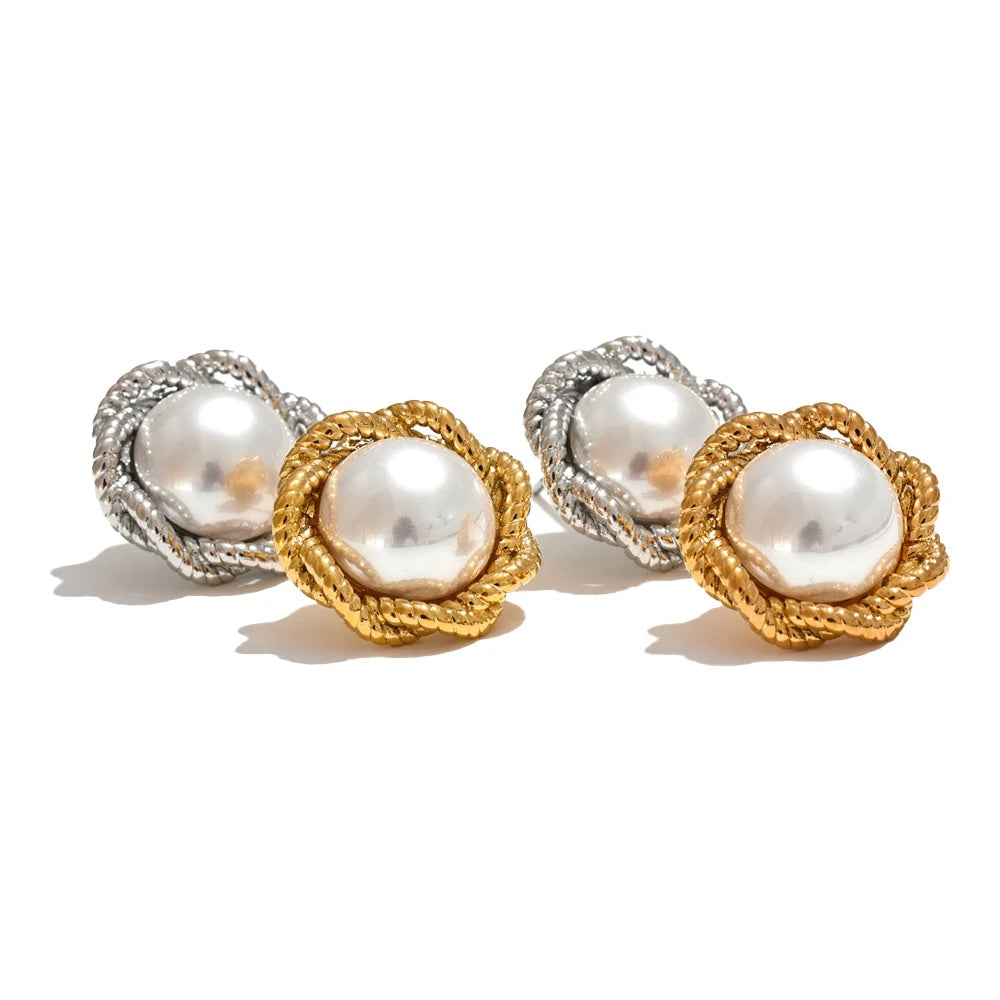 Simulated pearl round flower stud earrings - product image