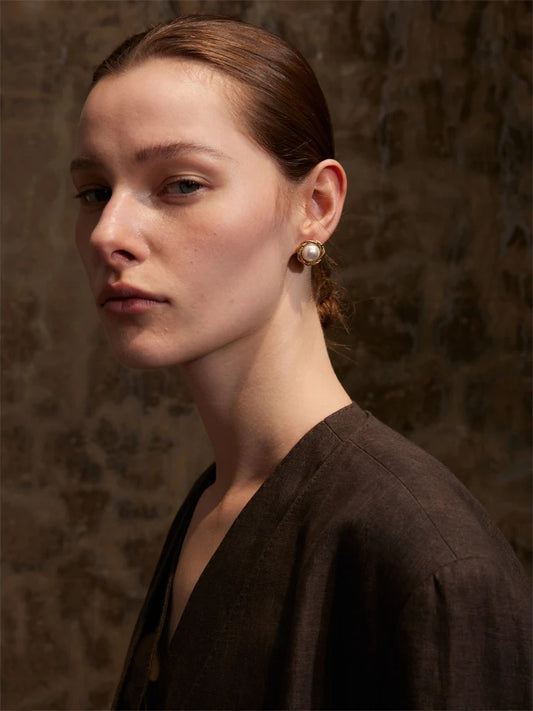 Simulated pearl round flower stud earrings - product image