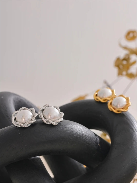 Simulated pearl round flower stud earrings - product image