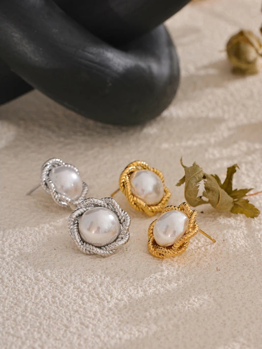 Simulated pearl round flower stud earrings - product image