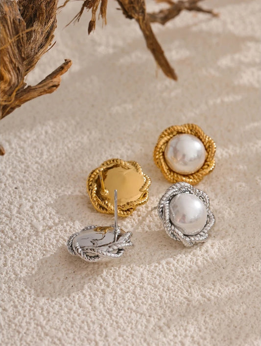 Simulated pearl round flower stud earrings - product image