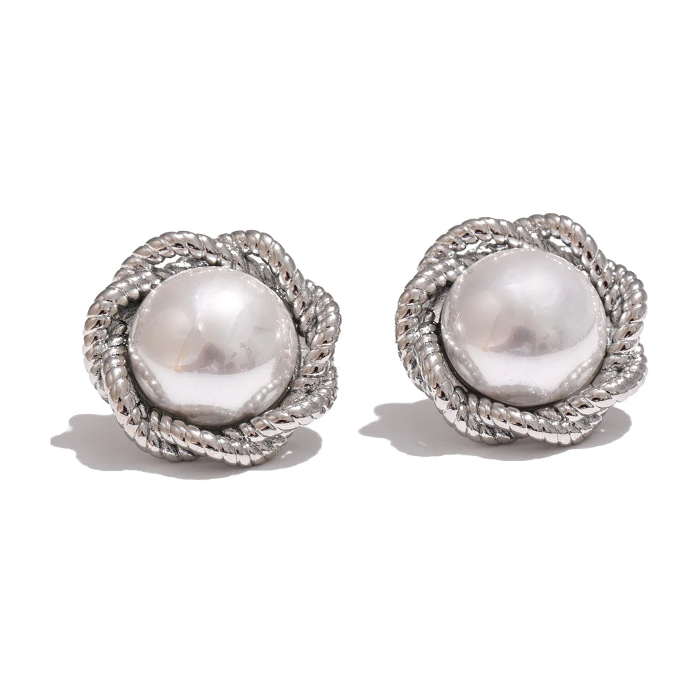 Simulated pearl round flower stud earrings - product image