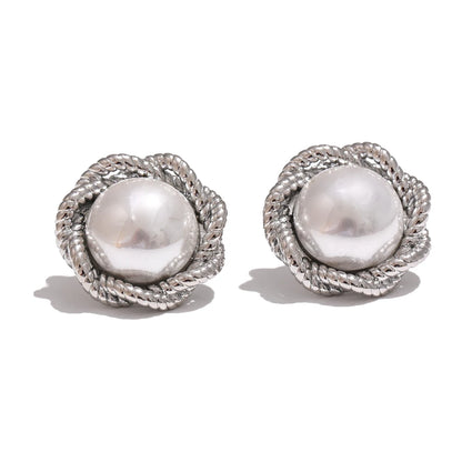 Simulated pearl round flower stud earrings - product image