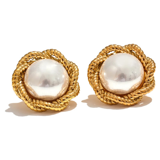 Simulated pearl round flower stud earrings - product image