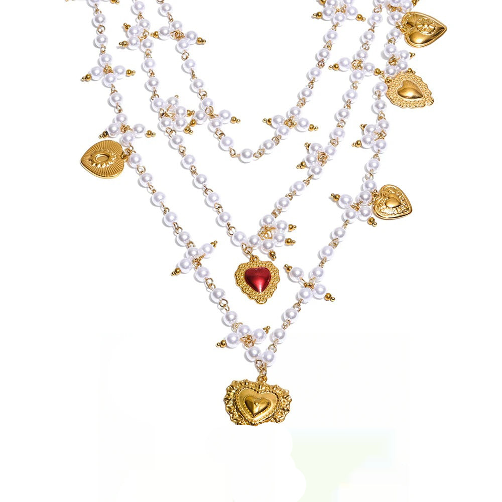 Simulated pearl stone layered heart drop necklace - product image