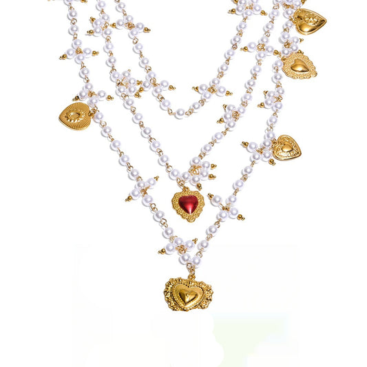 Simulated pearl stone layered heart drop necklace - product image