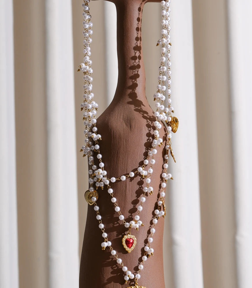 Simulated pearl stone layered heart drop necklace - product image