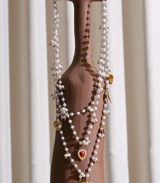 Simulated pearl stone layered heart drop necklace - product image