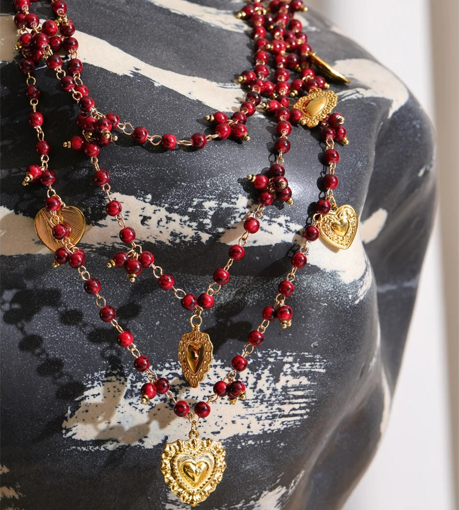Simulated pearl stone layered heart drop necklace - product image