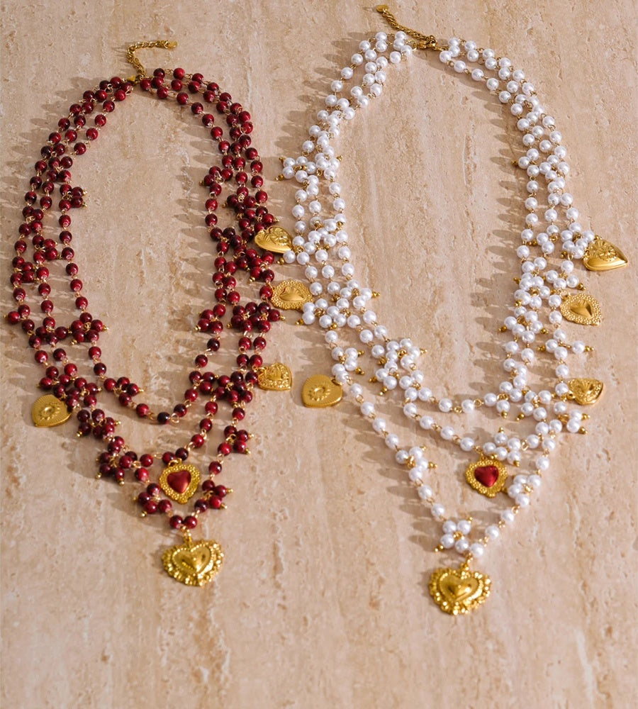 Simulated pearl stone layered heart drop necklace - product image